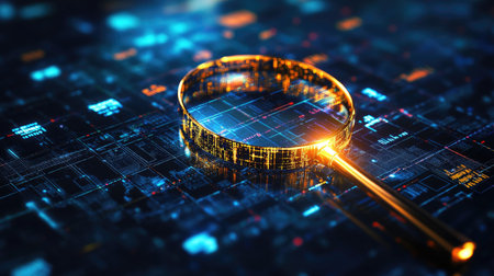 A D rendering of a glowing magnifying glass analyzing charts and data on a futuristic grid.の素材
