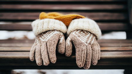 A pair of warm gloves placed together on a rustic wooden bench.の素材