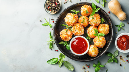 A rustic serving of cheese balls with dipping sauce, surrounded by fresh herbs and spices.の素材