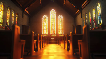 A church with stained glass windows glowing warmly from the interior lights at dusk.の素材