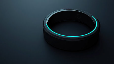 A modern fitness ring with a glowing light symbolizing activity monitoring. Clean surface with room for text.の素材
