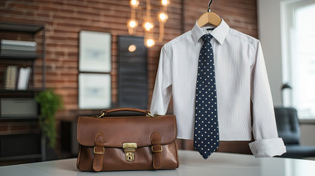 A classic office outfit featuring a dress shirt, tie, and leather briefcase placed on a clean, modern desk.の素材