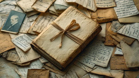 A closed Bible tied with a ribbon, resting on a pile of aged letters and postcards.の素材
