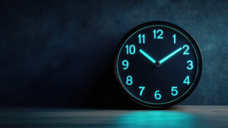 A digital clock with glowing numbers against a dark background, emphasizing time in a tech business context.の素材