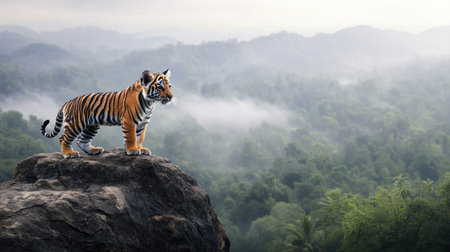 A baby tiger standing on a small rock outcrop, looking toward the horizon, with a misty jungle backdrop and room for copy.の素材