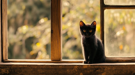 A cute black kitten with shiny fur, sitting on a windowsill with a beautiful view of the outdoors.の素材