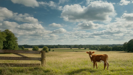 A young pedigree calf standing near a farm fence, with the open field stretching into the distance, offering space for text.の素材