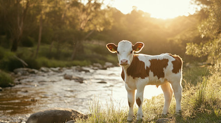 A pedigree calf standing at the edge of a creek, with grass and soft sunlight illuminating its coat.の素材