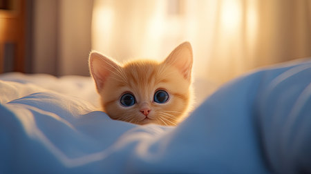 A tiny kitten with big eyes peeking out from a pile of soft pillows, with a cozy and calm setting.の素材