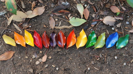 A collection of vibrant, colorful leaves scattered on the ground, symbolizing the natural flow of positive energy.の素材