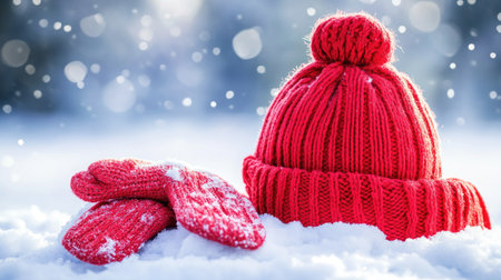 A collection of winter fashion accessories like a woolen scarf, insulated gloves, and a beanie hat with a snowy backdrop.の素材