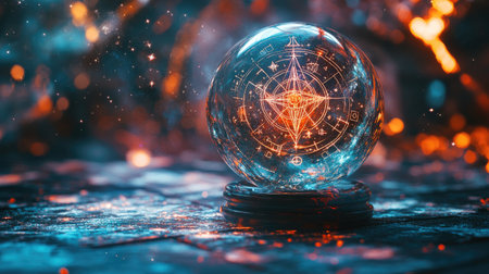 A close-up of a crystal ball with astrological symbols floating in the air, evoking mystery and cosmic energy.の素材