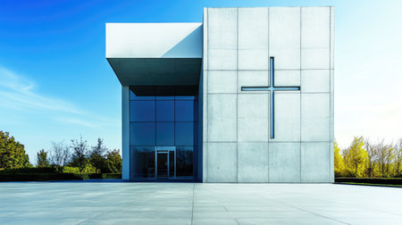 A modern church with sleek architecture and a minimalist cross on the exterior.の素材