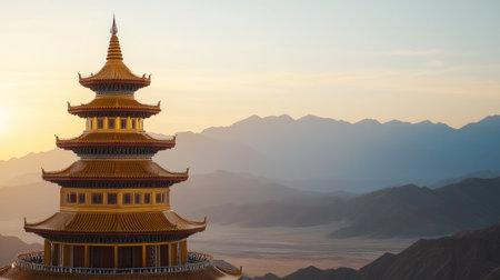 A golden temple spire glowing in the soft light of sunrise, with mountains in the distance.の素材