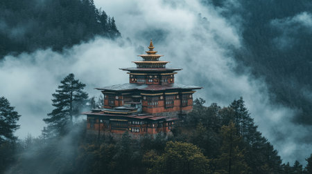 A hilltop temple surrounded by mist and clouds, creating an ethereal and tranquil mood.の素材