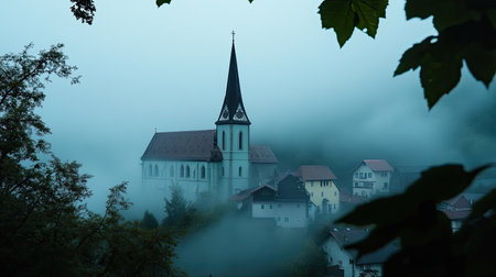 A church steeple framed by dense fog, creating a mysterious and tranquil mood.の素材