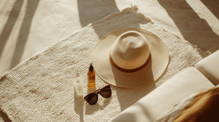 A minimalist beach setting with a sun hat, sunscreen, and sunglasses laid on a light beach towel, evoking summer vibes.の素材