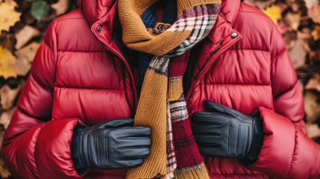 A flat lay of stylish winter outerwear like a puffer jacket, wool scarf, and leather gloves, perfect for cold weather.の素材