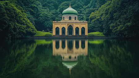 A serene mosque reflected in a calm body of water, surrounded by lush greenery.の素材