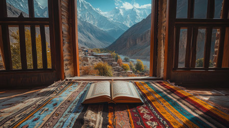 A Quran resting on a colorful handwoven rug, with a view of mountains in the background.の素材