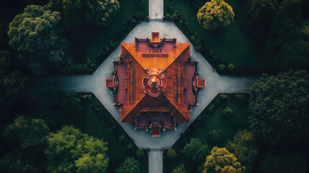 A symmetrical aerial view of a temple complex surrounded by gardens and pathways.の素材