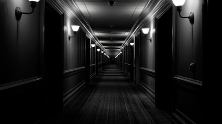 A dark and gloomy hallway with broken light fixtures, evoking feelings of isolation and negative energy.の素材