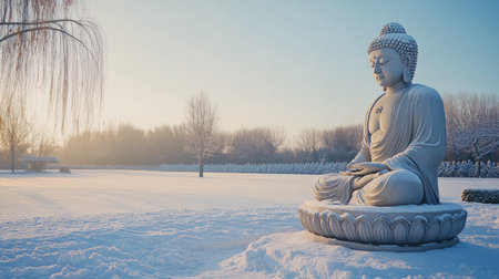 Buddha statue in a snowy landscape, creating a unique and serene contrast.の素材