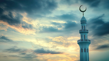 A peaceful mosque with a crescent-topped minaret standing against a cloudy afternoon sky.の素材