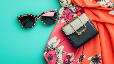 A vibrant flat lay of a designer clutch, a trendy scarf, and a pair of chic sunglasses laid out for a fashionable look.の素材