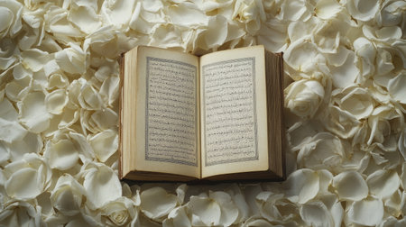 A Quran surrounded by soft petals of white roses, symbolizing purity and faith.の素材