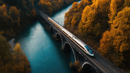 A high-speed express train traveling on a bridge over a river, offering rapid passenger transport.の素材