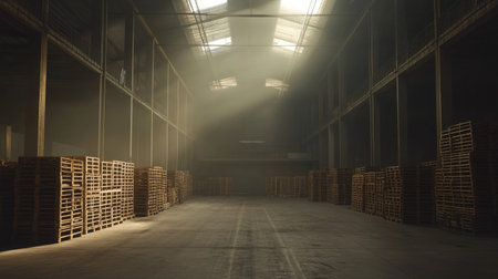 A vast warehouse interior with stacks of wooden pallets and high beams.の素材