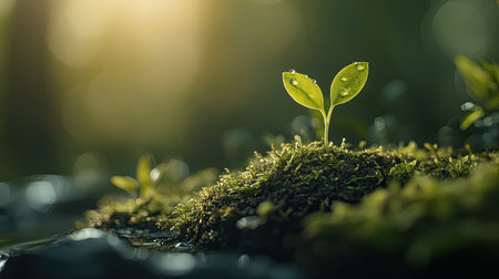 A small plant emerging from soil with natural light and a peaceful natural backdrop.の素材