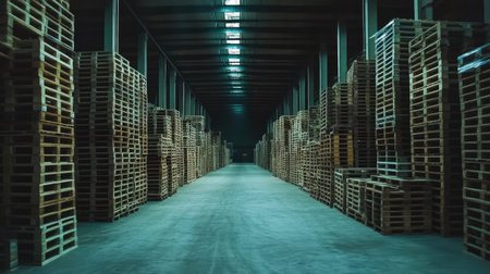 A vast warehouse interior with stacks of wooden pallets and high beams.の素材