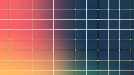 Bold grid overlay with gradient tones of red and yellow, creating a futuristic feel.の素材