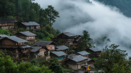 An isolated highland village with rustic cabins nestled amidst rolling clouds and rugged terrain.の素材