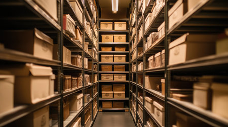 Well-organized rows of storage racks with cardboard boxes under LED lights.の素材