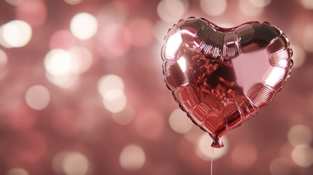 A close-up of a shiny pink heart balloon with a soft bokeh effect in the background.の素材