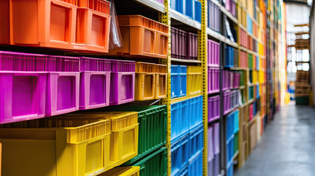 High shelves filled with colorful crates in a clean warehouse.の素材
