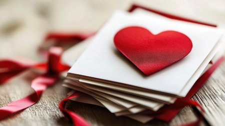 A stack of Valentine's cards with ribbon accents, placed on a light wooden surface.の素材