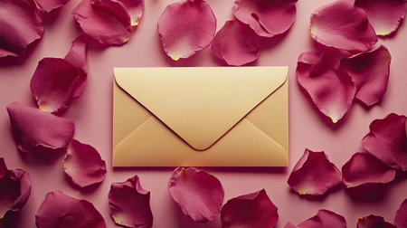 A blank Valentine's card with a gold envelope, surrounded by rose petals on a soft background.の素材