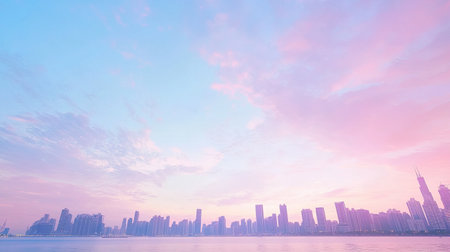 Distant urban skyline with soft clouds and a gradient blue-to-pink sky overhead.の素材