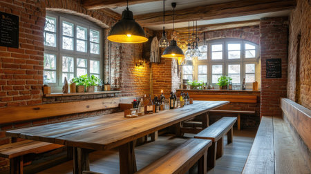 Rustic dining room with a long wooden table, matching benches, and a brick wall background for a cozy farmhouse look.の素材