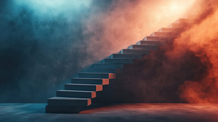 A set of stair steps leading upwards, surrounded by light, symbolizing progress toward a goal.の素材