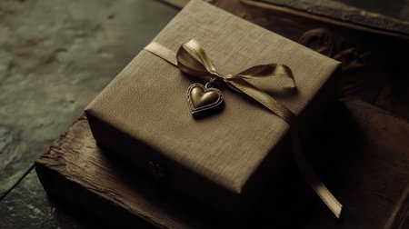 A beautifully wrapped gift box with a heart-shaped charm hanging from the ribbon.の素材