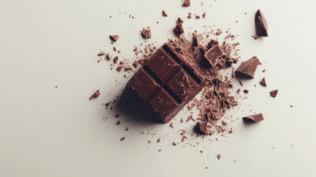 Crushed pieces of chocolate scattered around a square chocolate block on a white surface.の素材