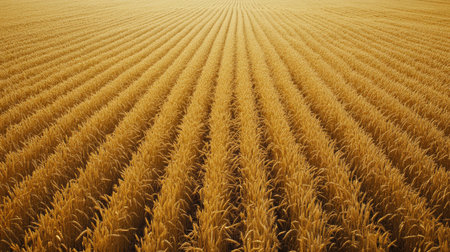 A field of ripe wheat ready for harvest, with rows of golden stalks stretching across the horizon under a bright sun.の素材