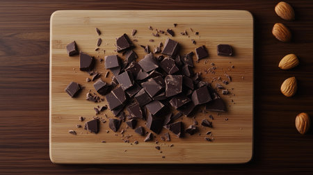 Top view of broken pieces of dark chocolate on a wooden board surrounded by nuts.の素材