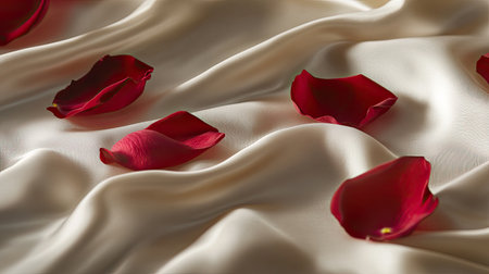 Scattered rose petals on a soft silk fabric with subtle highlights and shadows.の素材