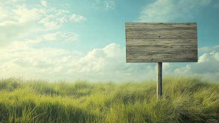 A large blank wooden advertising sign standing in a grassy field under a bright blue sky, offering plenty of space for creative content.の素材